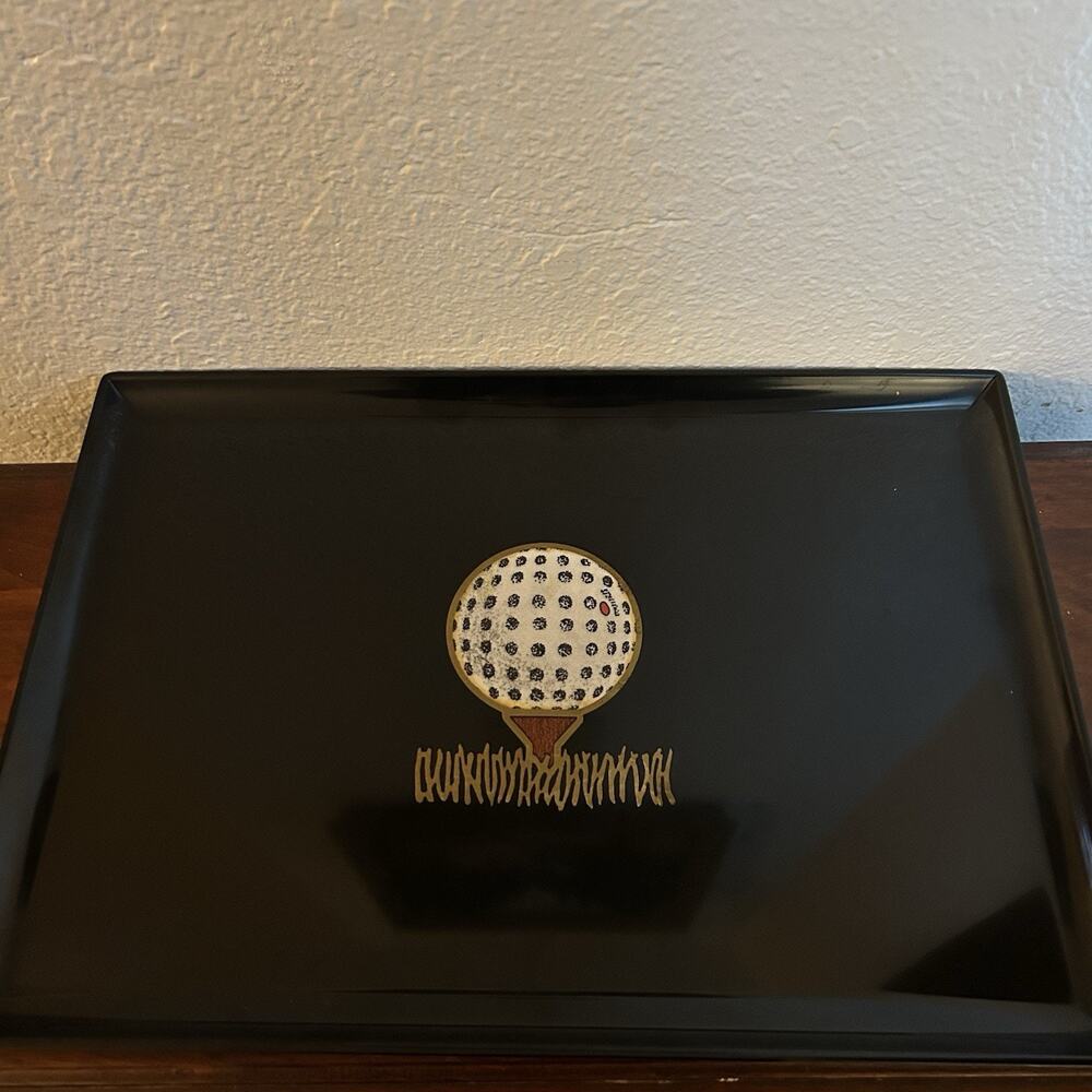 1960s COUROC Monterey CA TEED UP GOLF BALL 18”x12.5” BLACK TRAY MidCentury